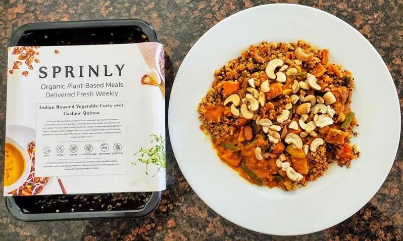 Sprinly Indian Roasted Vegetable Curry over Cashew Quinoa with package